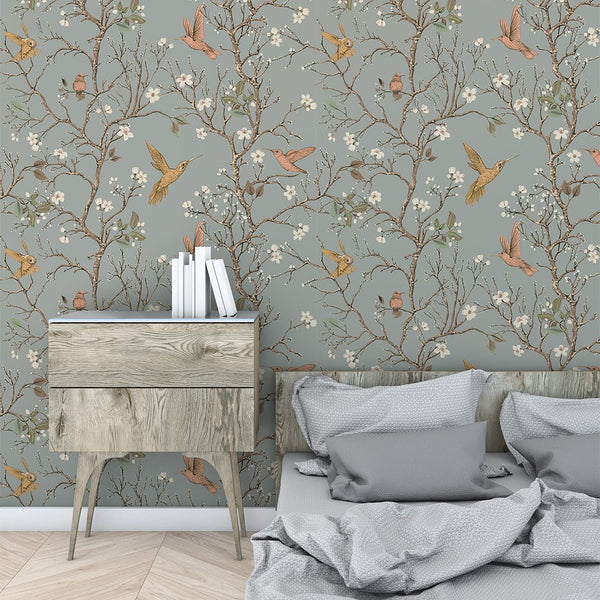 Tree Branch & Hummingbird Wallpaper CC240 - CostaCover - Peel and stick Removable Wallpaper - accent wallpaper - adhesive wallpaper - Animal print wallpaper