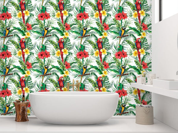 Tropical Parrots & Flowers Wallpaper CC041 - CostaCover - Peel and stick Removable Wallpaper - accent wallpaper - adhesive wallpaper - bathroom wallpaper