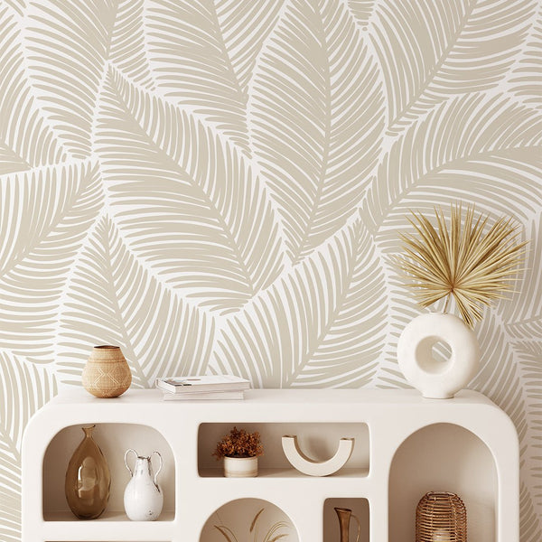 Beige Tropical Leaves Wall Mural CCM118 - CostaCover - Peel and stick Removable Wallpaper - accent wallpaper - adhesive wallpaper - bathroom wallpaper