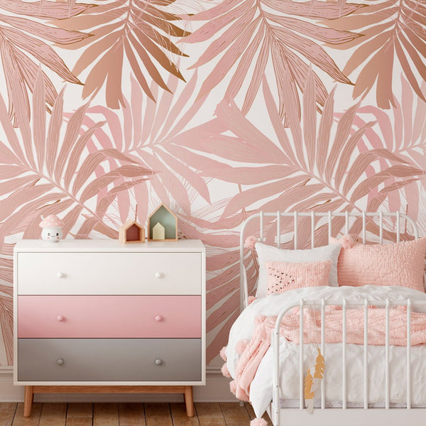 Pink Tropical Leaves Wall Mural CCM119 - CostaCover - Peel and stick Removable Wallpaper - accent wallpaper - adhesive wallpaper - bathroom wallpaper