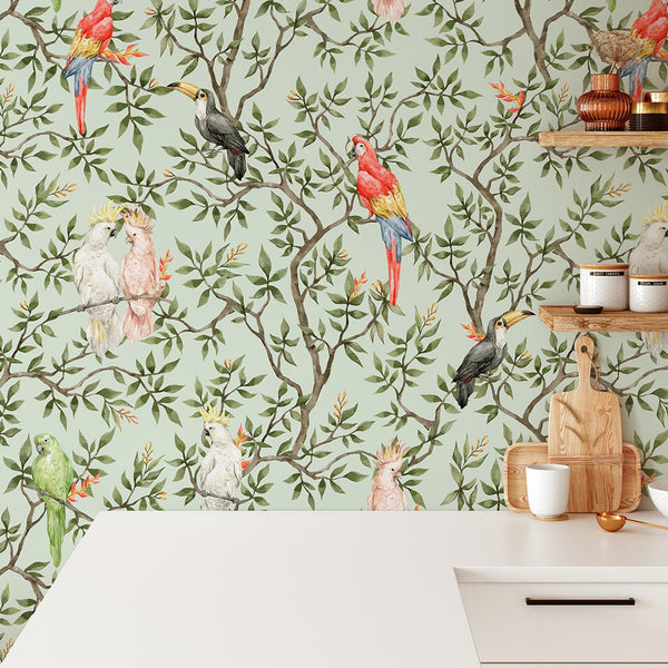 Parrots on Tropical Tree Wallpaper CC035 - CostaCover - Peel and stick Removable Wallpaper - accent wallpaper - adhesive wallpaper - bathroom wallpaper