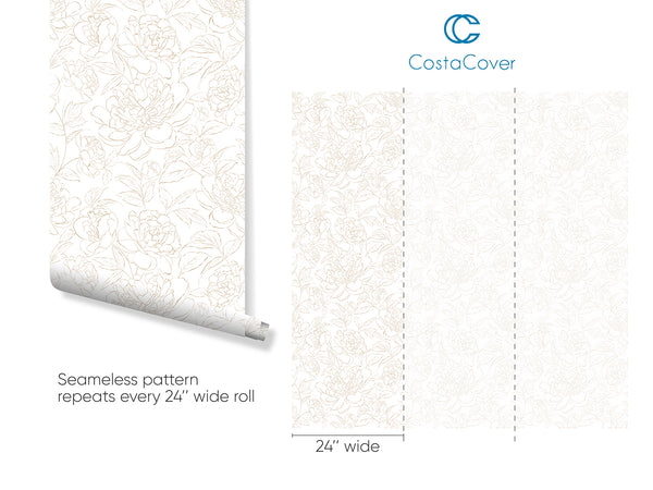 Beige Peony Lines Wallpaper CC275 - CostaCover - Peel and stick Removable Wallpaper - Abstract - abstract wallpaper - accent wallpaper