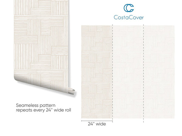 Beige Boho Lines Wallpaper CC188 - CostaCover - Peel and stick Removable Wallpaper - Abstract Beige Gold Stripes Waves Removable Wallpaper near me - accent wallpaper - beige wallpaper
