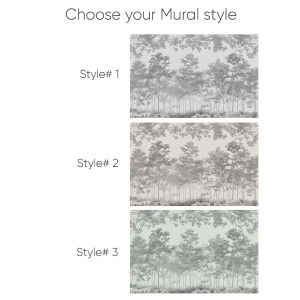 Grayscale forest mural with soft charcoal and pale slate layers, perfect for a statement wall in minimalist home decor. Eco-friendly, Made in the USA.