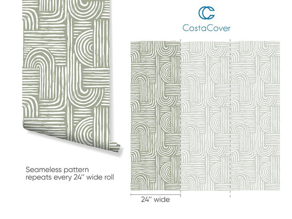 Green Olive Boho Lines Wallpaper CC276 - CostaCover - Peel and stick Removable Wallpaper - Abstract - abstract wallpaper - accent wallpaper
