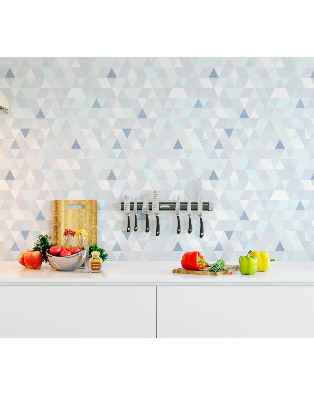 Geometric peel and stick removable temporary wallpaper vinyl with blue and white triangles self adhesive wall mural CC040