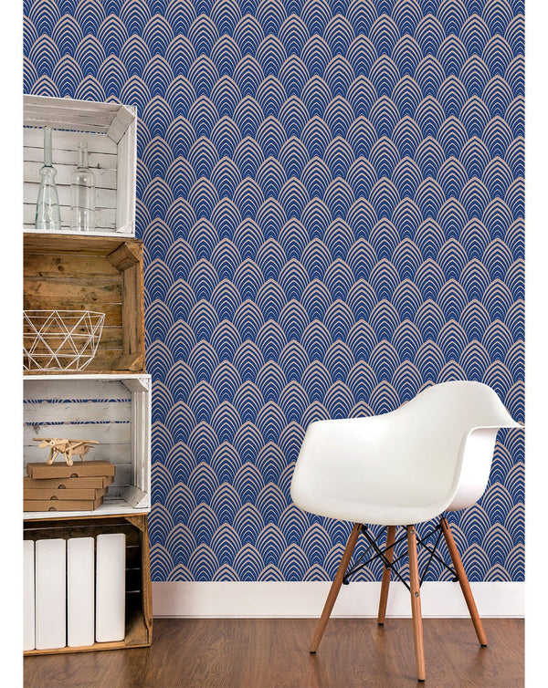 Blue Art Deco Waves Wallpaper CC121 - CostaCover - Peel and stick Removable Wallpaper - Abstract - abstract wallpaper - adhesive wallpaper