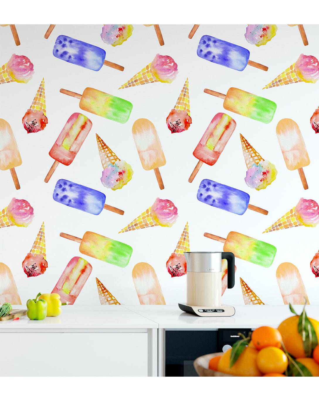 Removable Wallpaper Colorful Peel and Stick Wall Paper Ice Cream Juice Lolly Peelable Funny Decal Blue Yellow Red White Green Pink CC048
