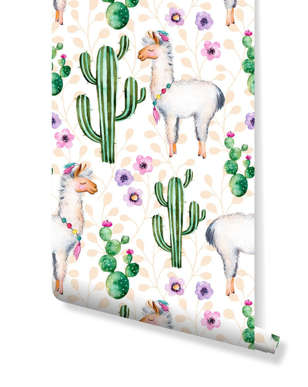 Watercolor Cactus & Llamas Wallpaper CC046 - CostaCover - Peel and stick Removable Wallpaper - adhesive wallpaper - baby wall decor - bathroom wallpaper