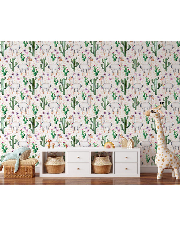 Watercolor Cactus & Llamas Wallpaper CC046 - CostaCover - Peel and stick Removable Wallpaper - adhesive wallpaper - baby wall decor - bathroom wallpaper