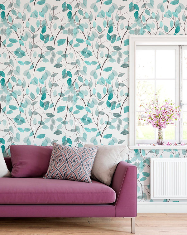 Boho Blue Green Leaves Wallpaper CC016 - CostaCover - Peel and stick Removable Wallpaper - Aqua blue wallpaper - bedroom interior - blue leaves
