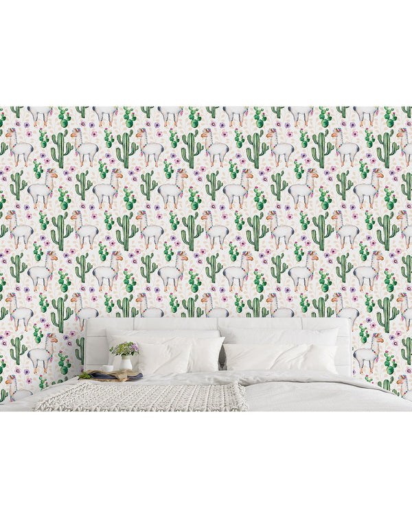 Watercolor Cactus & Llamas Wallpaper CC046 - CostaCover - Peel and stick Removable Wallpaper - adhesive wallpaper - baby wall decor - bathroom wallpaper