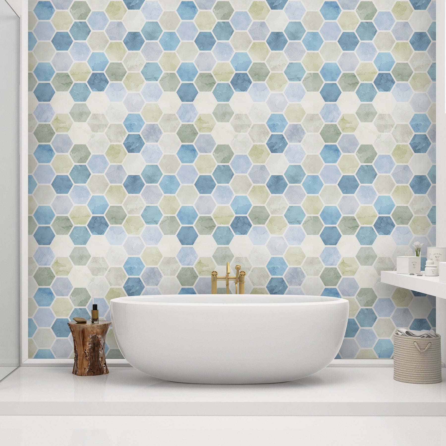 Watercolor Hexagon Honeycomb Wallpaper in a bathroom