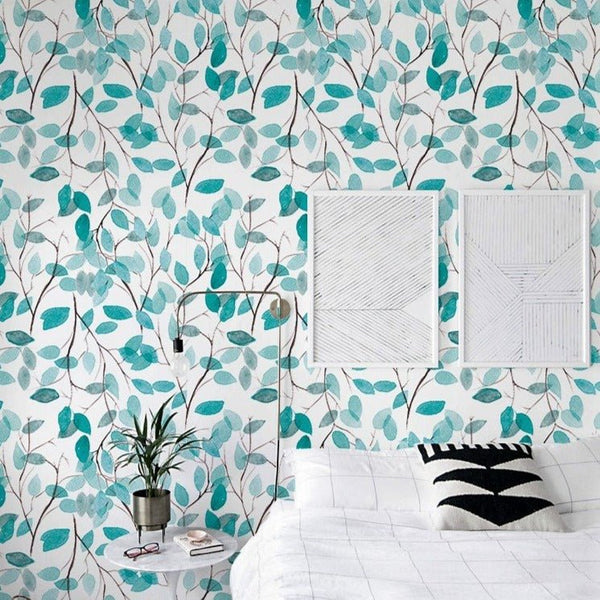 Boho Blue Green Leaves Wallpaper CC016 - CostaCover - Peel and stick Removable Wallpaper - Aqua blue wallpaper - bedroom interior - blue leaves