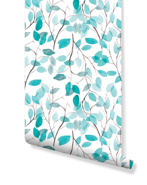Boho Blue Green Leaves Wallpaper CC016 - CostaCover - Peel and stick Removable Wallpaper - Aqua blue wallpaper - bedroom interior - blue leaves
