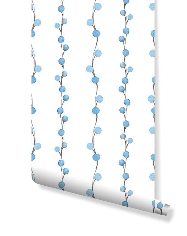 Blue Berry Branch Wallpaper CC023 - CostaCover - Peel and stick Removable Wallpaper - adhesive wallpaper - Aqua blue wallpaper - Backsplash panels