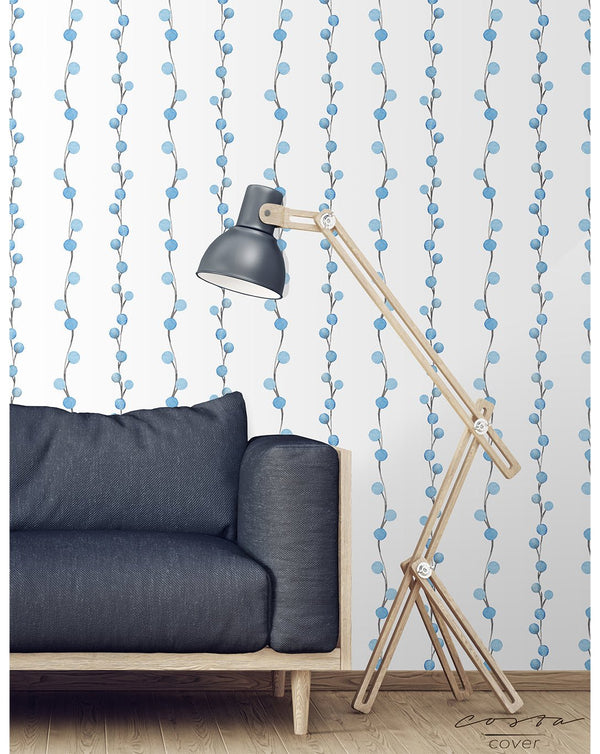 Blue Berry Branch Wallpaper CC023 - CostaCover - Peel and stick Removable Wallpaper - adhesive wallpaper - Aqua blue wallpaper - Backsplash panels