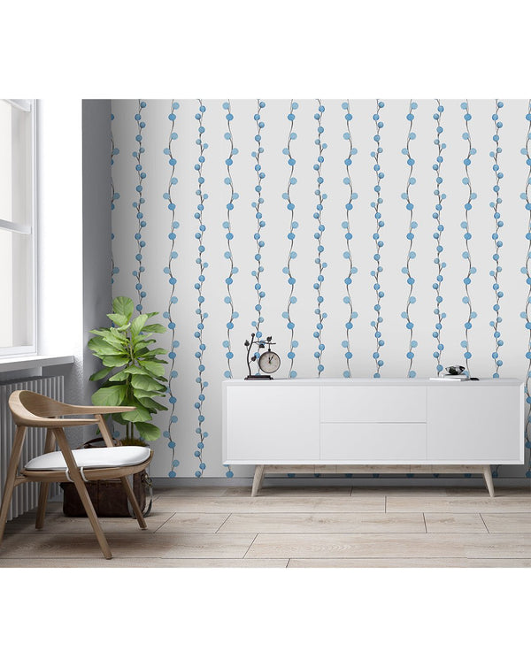 Blue Berry Branch Wallpaper CC023 - CostaCover - Peel and stick Removable Wallpaper - adhesive wallpaper - Aqua blue wallpaper - Backsplash panels