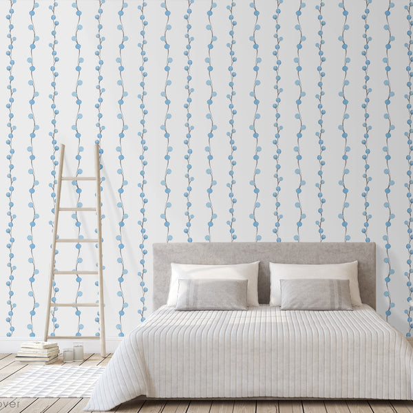 Blue Berry Branch Wallpaper CC023 - CostaCover - Peel and stick Removable Wallpaper - adhesive wallpaper - Aqua blue wallpaper - Backsplash panels