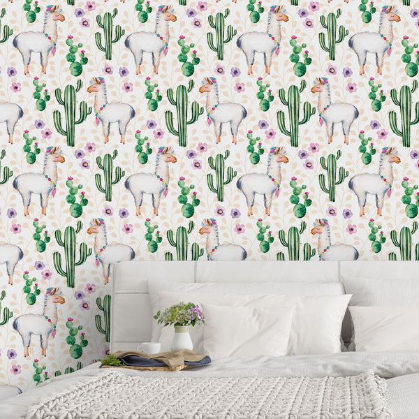 Watercolor Cactus & Llamas Wallpaper CC046 - CostaCover - Peel and stick Removable Wallpaper - adhesive wallpaper - baby wall decor - bathroom wallpaper