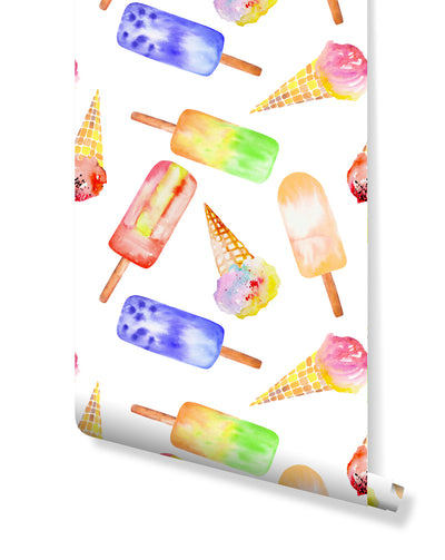 Removable Wallpaper Colorful Peel and Stick Wall Paper Ice Cream Juice Lolly Peelable Funny Decal Blue Yellow Red White Green Pink CC048