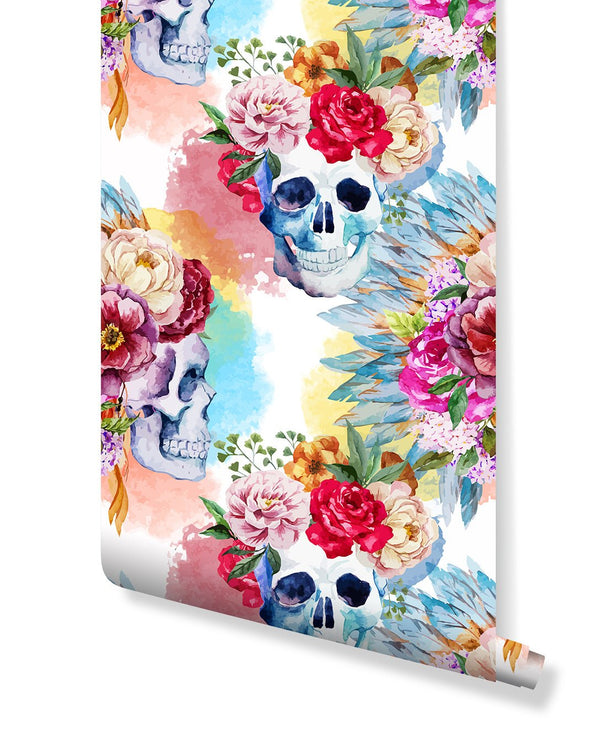 Colorful floral skull wallpaper featuring gothic motifs with feather accents. Perfect for a powder room, offering a bold statement with its watercolor hues and soft edges.