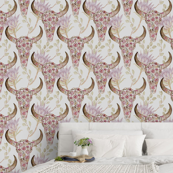 Flowers & Skulls Wallpaper CC115 - CostaCover - Peel and stick Removable Wallpaper - animal wallpaper - Backsplash panels - bathroom wallpaper