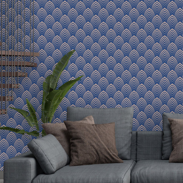 Blue Art Deco Waves Wallpaper CC121 - CostaCover - Peel and stick Removable Wallpaper - Abstract - abstract wallpaper - adhesive wallpaper