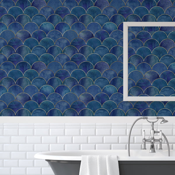 Watercolor Blue Scallops Wallpaper CC190 - CostaCover - Peel and stick Removable Wallpaper - adhesive wallpaper - art deco - art deco style