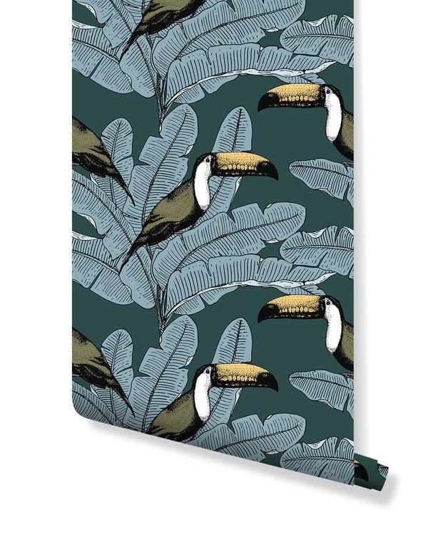 Toucan & Palm Leaves Wallpaper CC211 - CostaCover - Peel and stick Removable Wallpaper - adhesive wallpaper - Backsplash panels - banana leaves