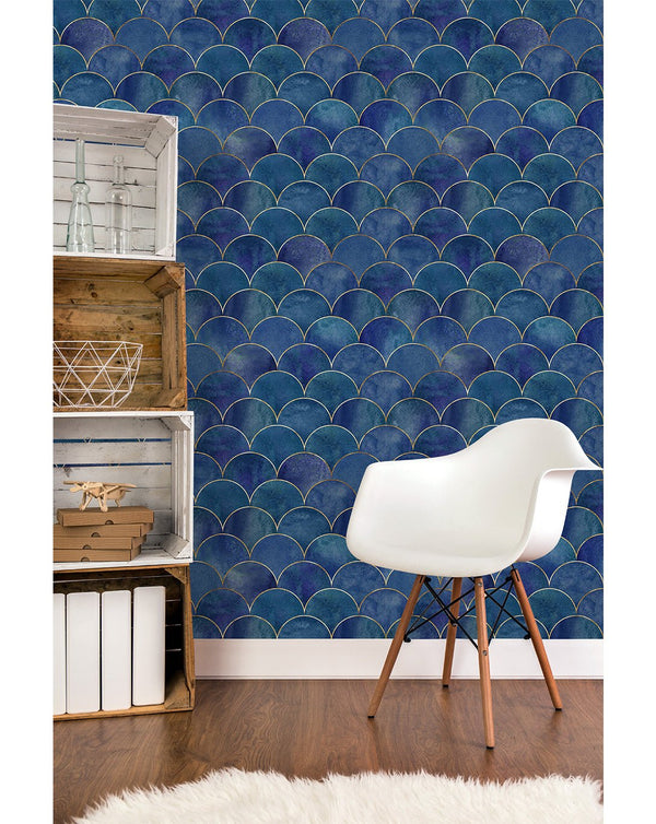 Watercolor Blue Scallops Wallpaper CC190 - CostaCover - Peel and stick Removable Wallpaper - adhesive wallpaper - art deco - art deco style