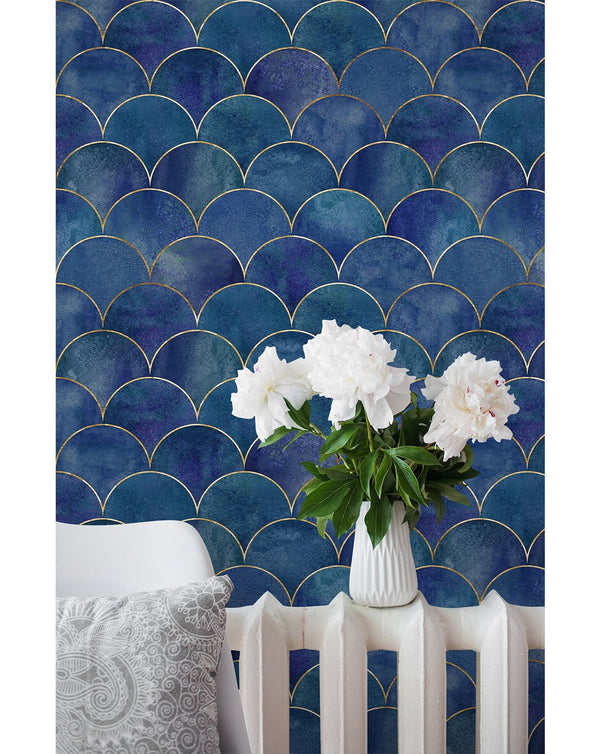 Watercolor Blue Scallops Wallpaper CC190 - CostaCover - Peel and stick Removable Wallpaper - adhesive wallpaper - art deco - art deco style