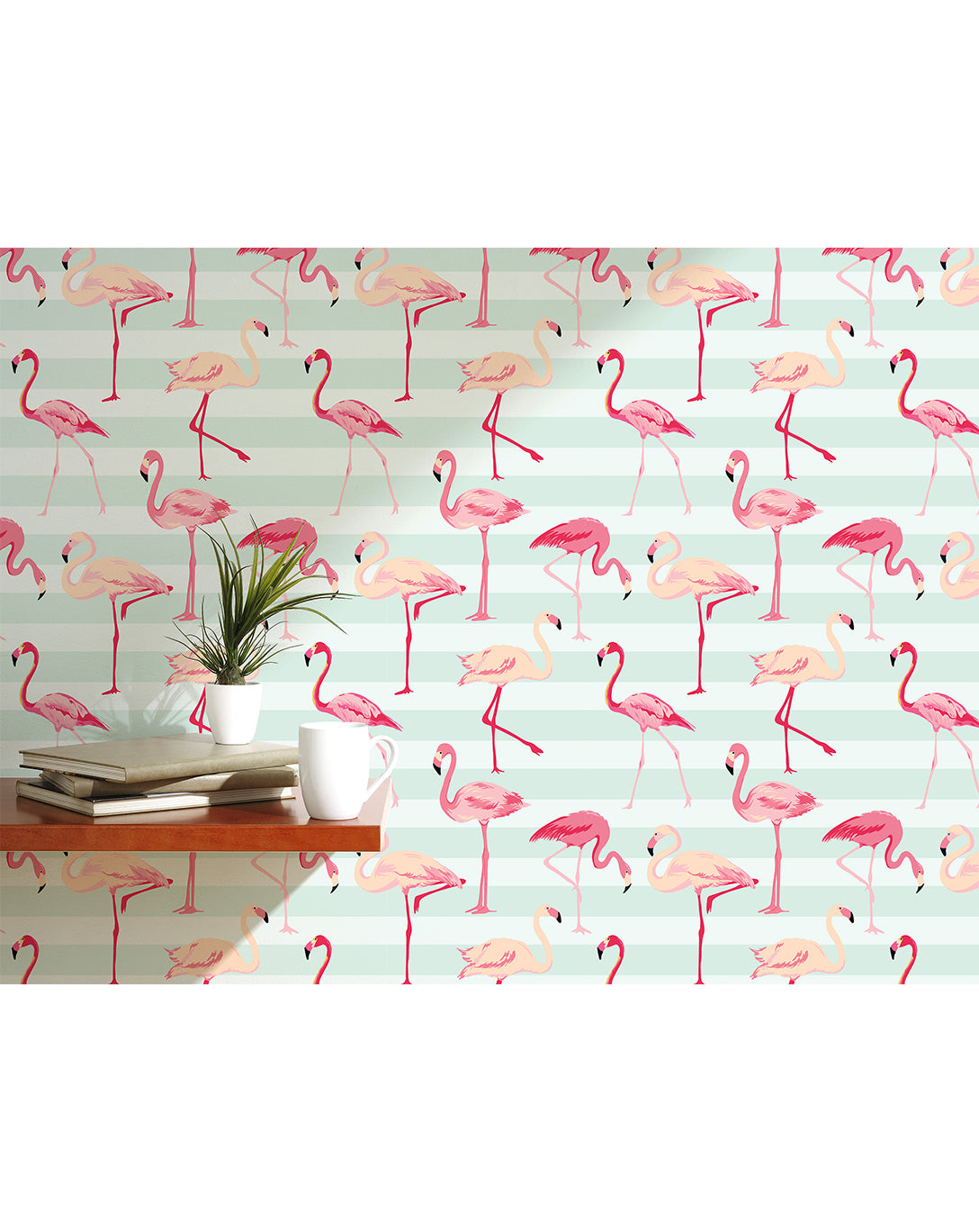 Colorful tropical removable wallpaper with stripes peel and stick wall covering flamingos on light blue stripes temporary wall decal CC039