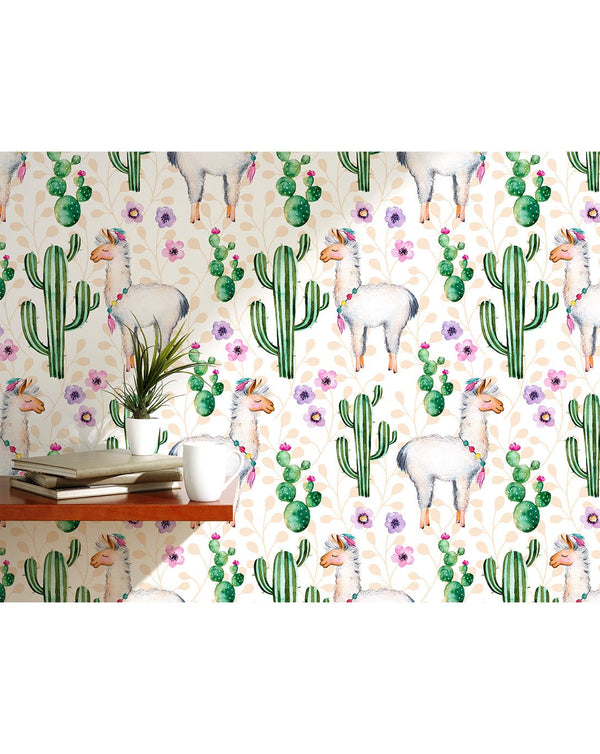 Watercolor Cactus & Llamas Wallpaper CC046 - CostaCover - Peel and stick Removable Wallpaper - adhesive wallpaper - baby wall decor - bathroom wallpaper