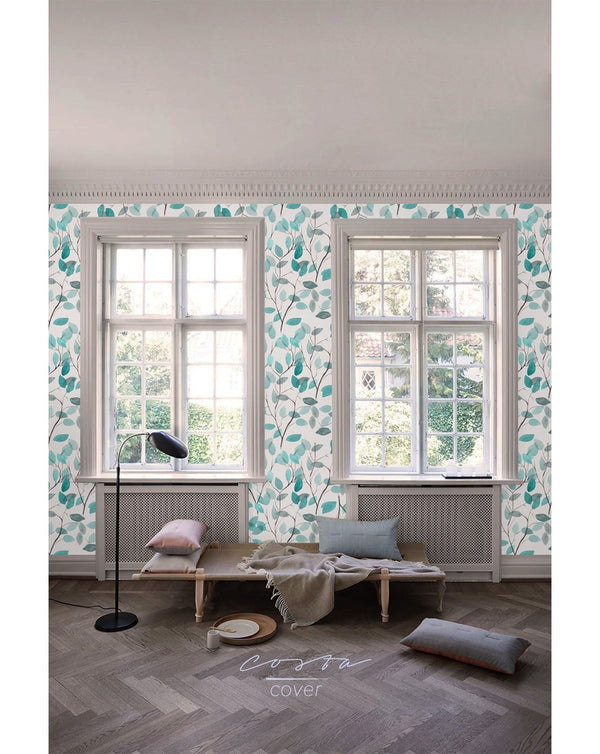 Boho Blue Green Leaves Wallpaper CC016 - CostaCover - Peel and stick Removable Wallpaper - Aqua blue wallpaper - bedroom interior - blue leaves