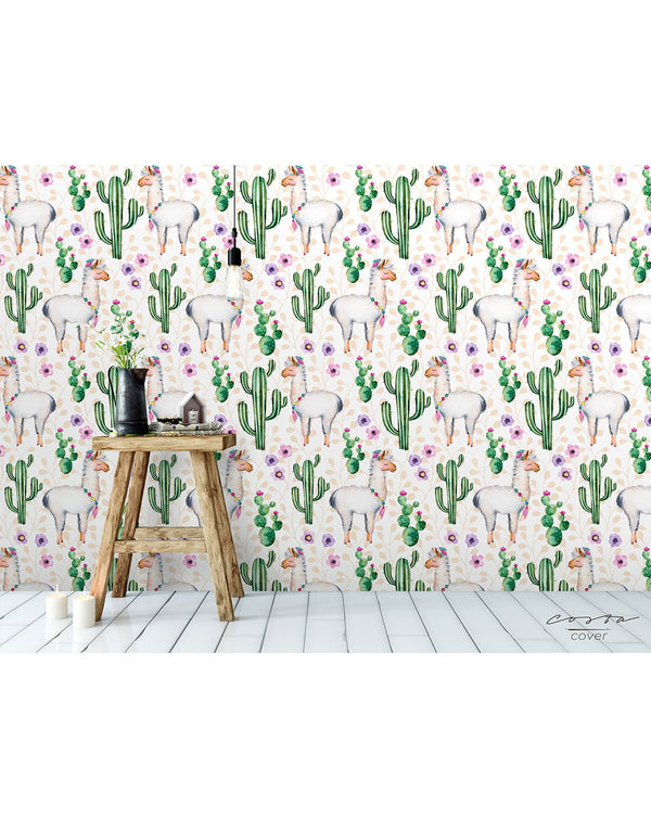 Watercolor Cactus & Llamas Wallpaper CC046 - CostaCover - Peel and stick Removable Wallpaper - adhesive wallpaper - baby wall decor - bathroom wallpaper