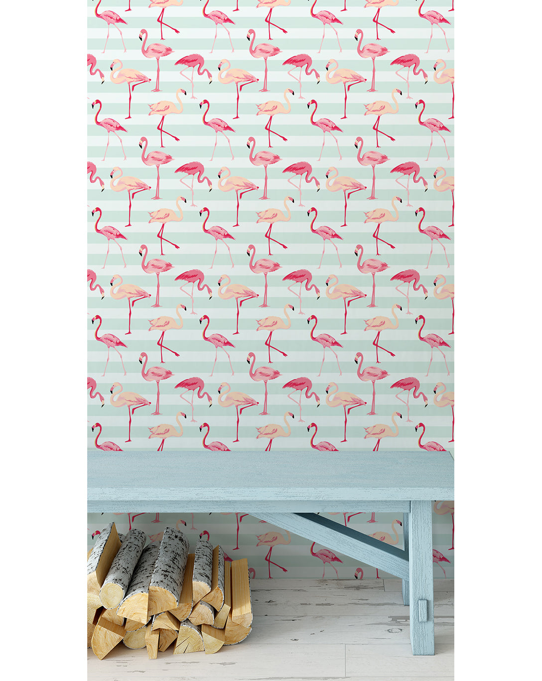 Colorful tropical removable wallpaper with stripes peel and stick wall covering flamingos on light blue stripes temporary wall decal CC039