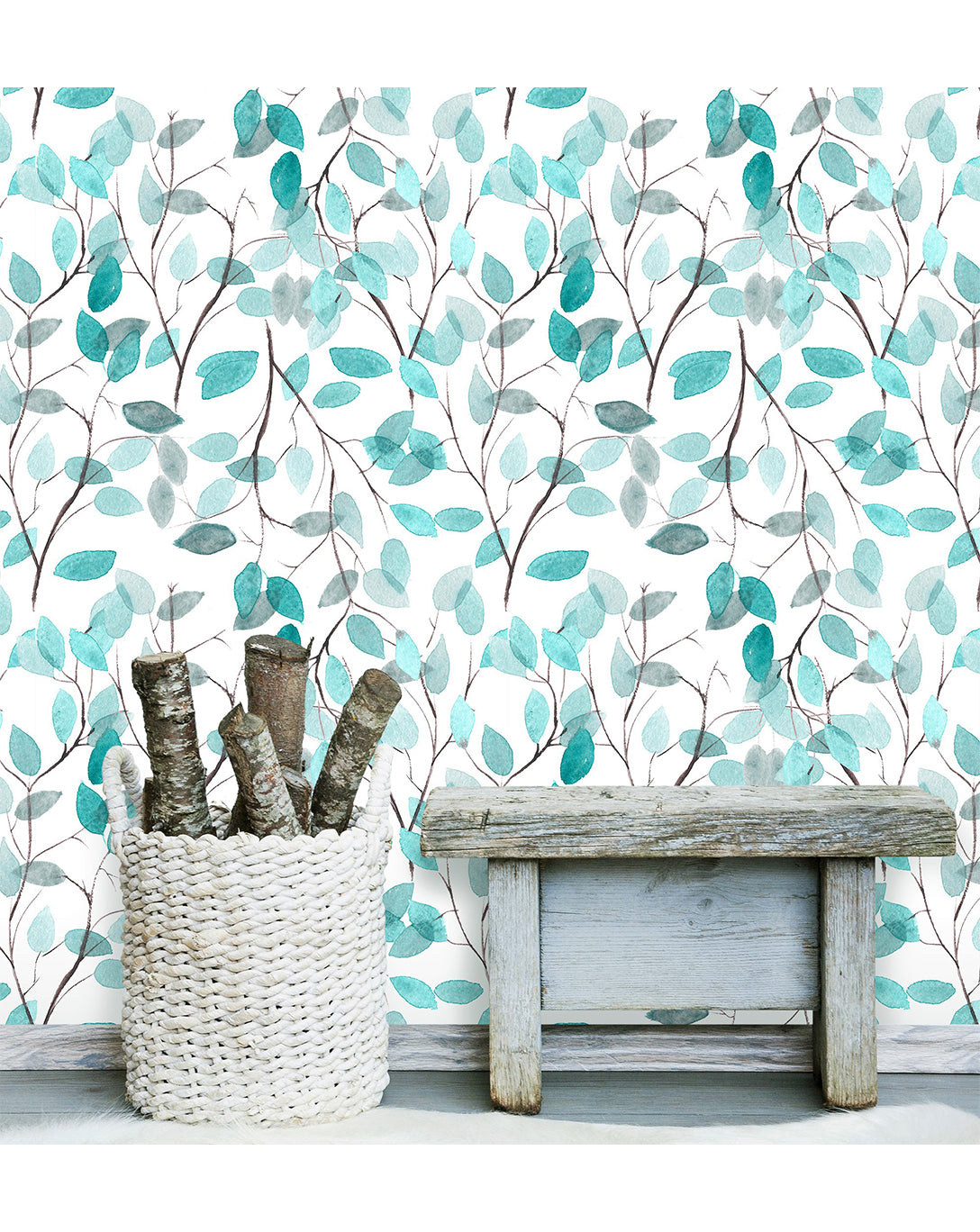 Boho floral removable wallpaper watercolor blue leaves botanical temporary wallpaper spring pattern CC016