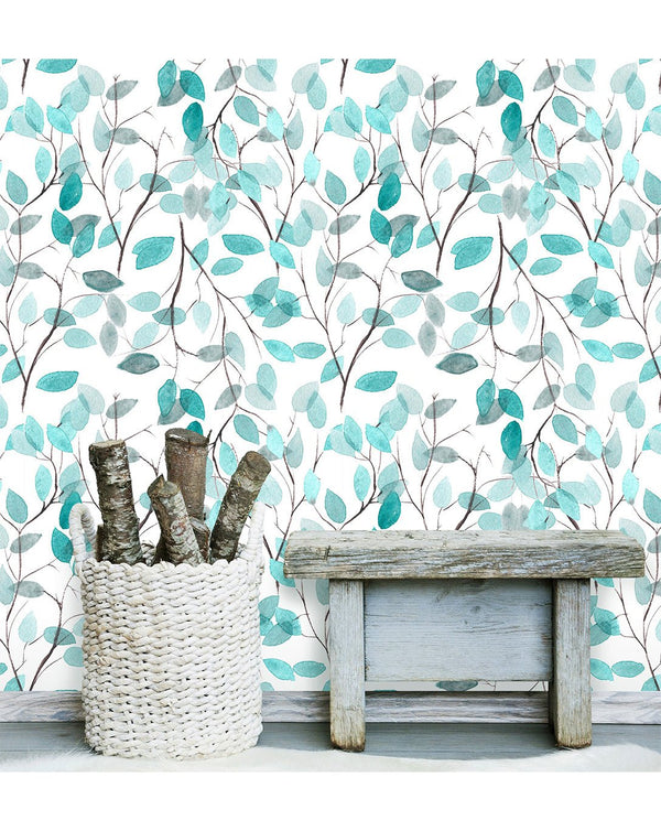 Boho Blue Green Leaves Wallpaper CC016 - CostaCover - Peel and stick Removable Wallpaper - Aqua blue wallpaper - bedroom interior - blue leaves