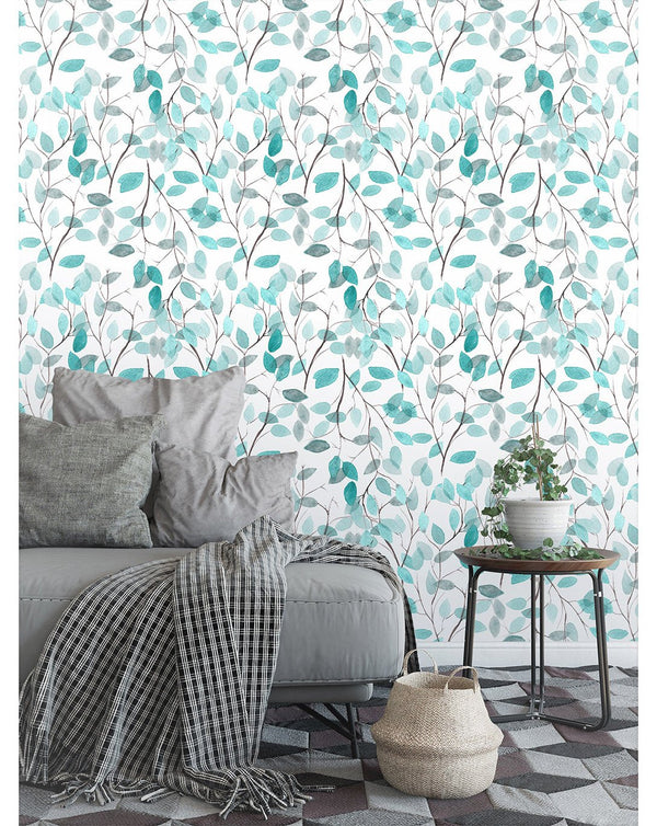 Boho Blue Green Leaves Wallpaper CC016 - CostaCover - Peel and stick Removable Wallpaper - Aqua blue wallpaper - bedroom interior - blue leaves