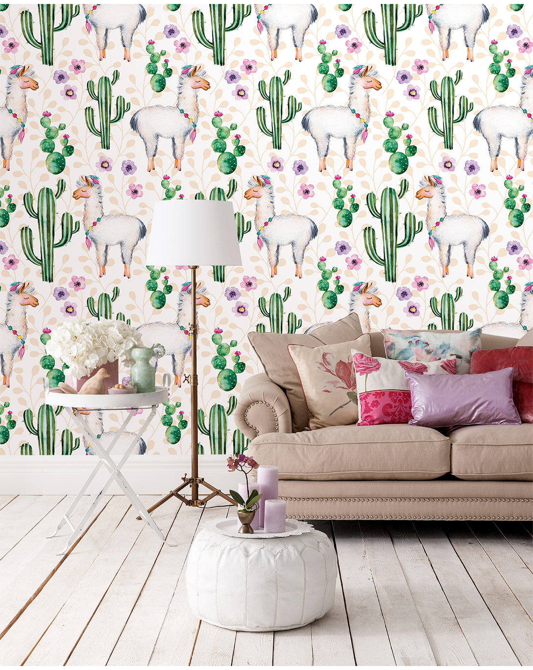 Temporary self adhesive removable wallpaper watercolor cactus flowers and lamas floral whimsical hand painted nature illustration CC046