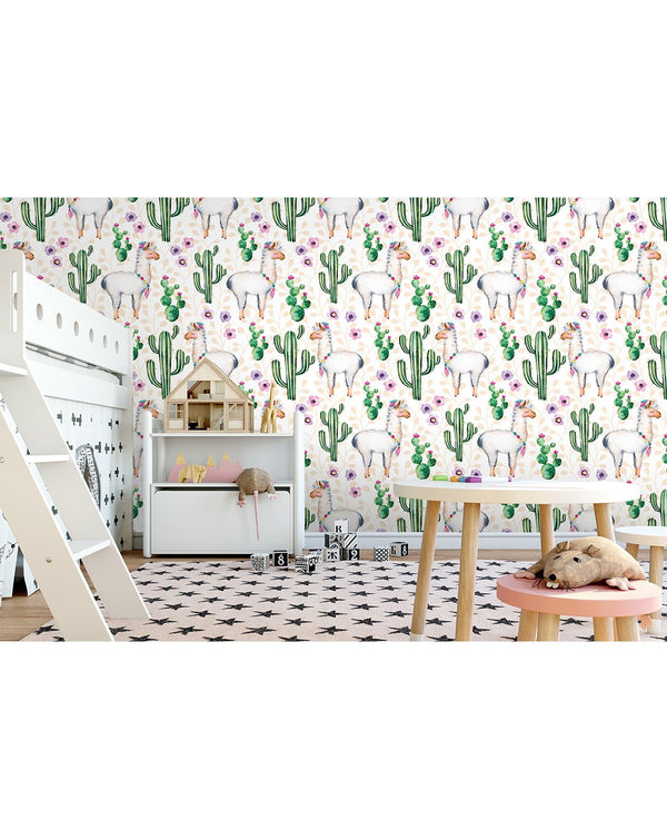 Watercolor Cactus & Llamas Wallpaper CC046 - CostaCover - Peel and stick Removable Wallpaper - adhesive wallpaper - baby wall decor - bathroom wallpaper