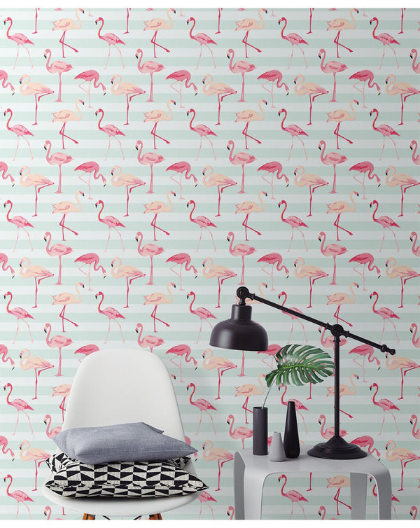 Tropical Pink Flamingos Wallpaper CC039 - CostaCover - Peel and stick Removable Wallpaper - animal print - Animal print wallpaper - bathroom wallpaper