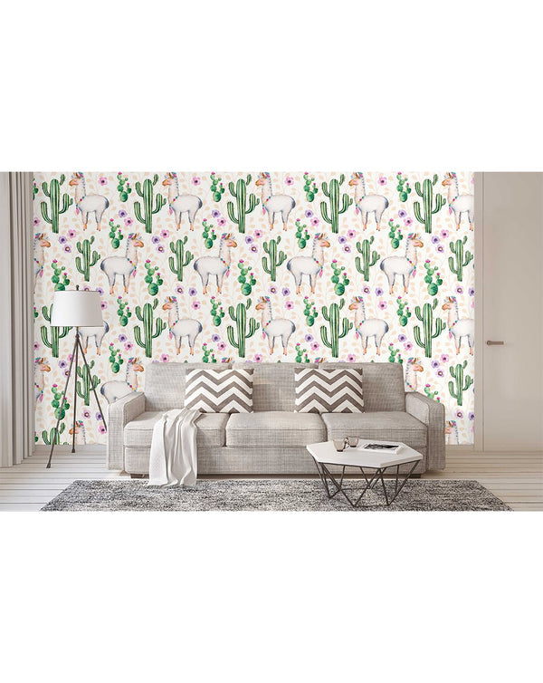 Watercolor Cactus & Llamas Wallpaper CC046 - CostaCover - Peel and stick Removable Wallpaper - adhesive wallpaper - baby wall decor - bathroom wallpaper