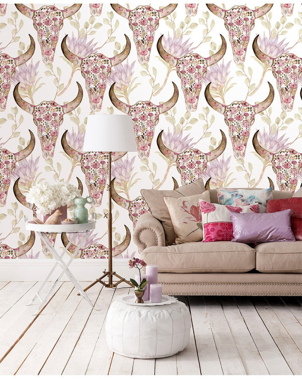 Flowers & Skulls Wallpaper CC115 - CostaCover - Peel and stick Removable Wallpaper - animal wallpaper - Backsplash panels - bathroom wallpaper