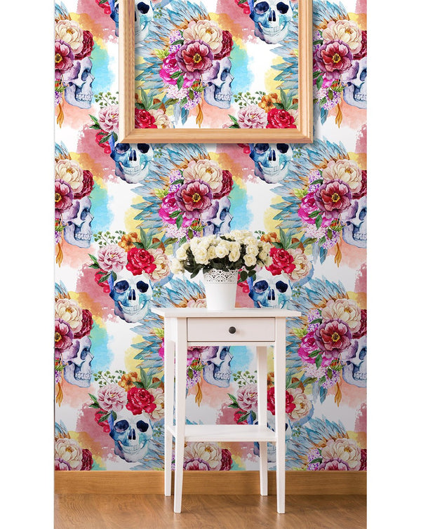 Painterly skulls crowned with lush florals on a watercolor backdrop, perfect for a bedroom accent wall. The design blends gothic elements with vibrant colors like coral and peach.