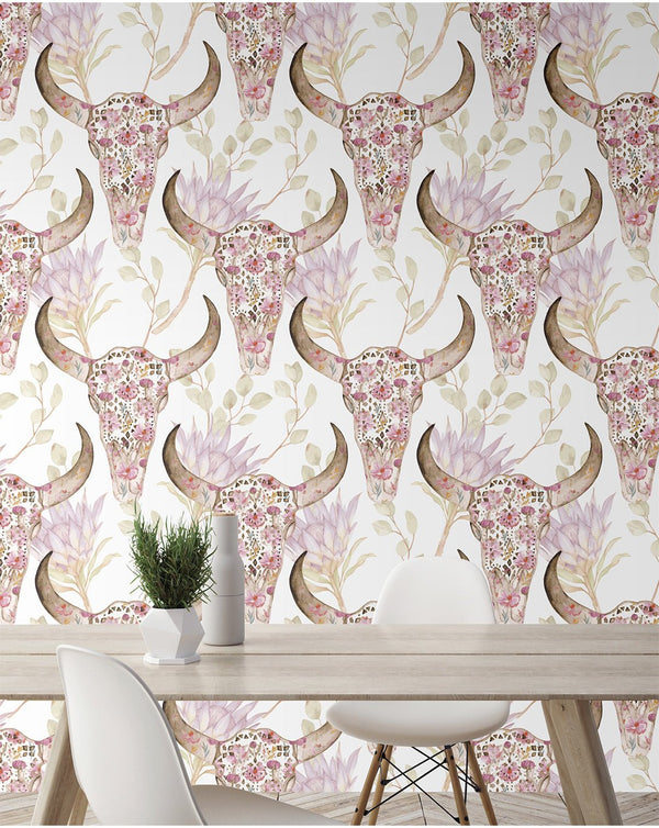 Flowers & Skulls Wallpaper CC115 - CostaCover - Peel and stick Removable Wallpaper - animal wallpaper - Backsplash panels - bathroom wallpaper