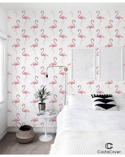 Peel and Stick Removable Wallpaper Watercolor Exotic Pink Flamingo Tropical Wall Covering Self Adhesive Vinyl CC106