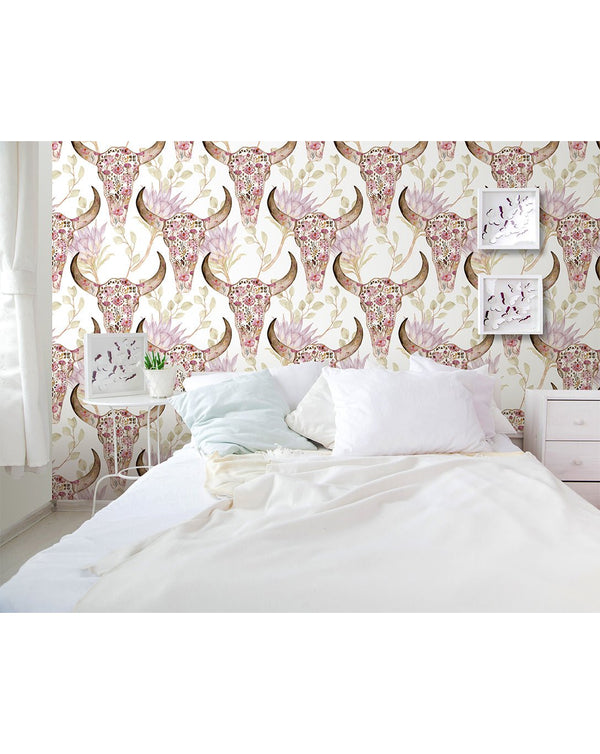 Flowers & Skulls Wallpaper CC115 - CostaCover - Peel and stick Removable Wallpaper - animal wallpaper - Backsplash panels - bathroom wallpaper