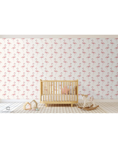 Peel and Stick Removable Wallpaper Watercolor Exotic Pink Flamingo Tropical Wall Covering Self Adhesive Vinyl For Nursery kids room, girl room CC106
